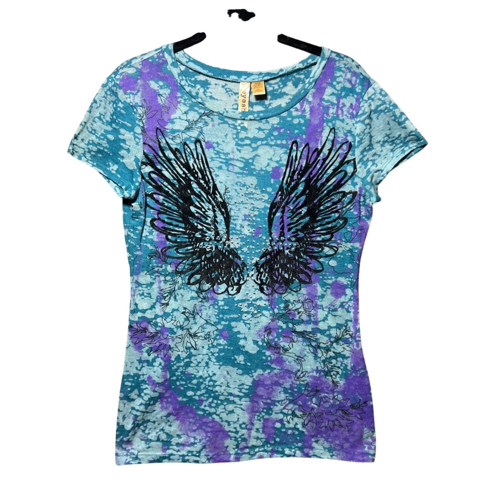 Angel Wings Graphic T Shirt‎ Blue Purple Studded Slub Knit Y2K Style L Sheer